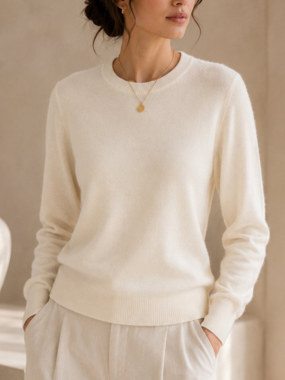 Naadam 100% Cashmere Original Crewneck Sweater Ivory Off White Small